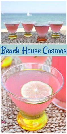 the beach house cosmos are served in glasses with lemon wedges on top