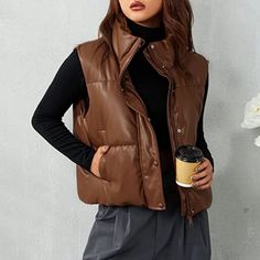 #ad Top Rated Lady Faux Leather Puffer Vest Outerwear Collar Crop Padded Jacket Gilet Winter, Fashion Women's Jackets Cropped Puffer Vest, Winter Puffer Vest, Body Blouse, Puffer Vests, Chaleco Casual, Winter Outwear, Puffy Vest, Winter Vest, Elegant Aesthetic