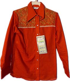 Retro Embroidered Fall Tops, Retro Collared Embroidered Top, Retro Embroidered Collared Top, Western Style Red Tops For Spring, Western Red Tops For Spring, Spring Western Red Tops, Retro Embroidered Button-up Top, Vintage Embroidered Fall Shirt, Cowgirl Shirts