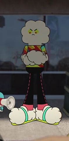 a cartoon character holding a skateboard in front of a window