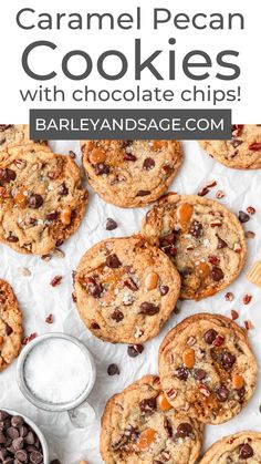 chocolate chip cookies with text overlay that reads caramel pecan cookies with chocolate chips