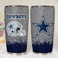 two cowboys and a football helmet on glitter tumblers