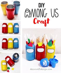 several pictures of different items made out of plastic cups and containers with the words diy among us craft