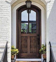 a front door with two potted plants on the steps and a lantern above it