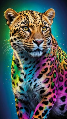 a painting of a leopard with multicolored spots on it's face and chest