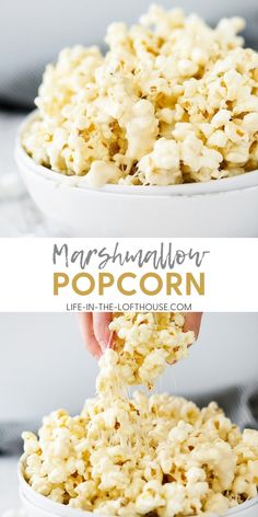 two bowls filled with marshmallow popcorn on top of a white tablecloth and text overlay that reads, marshmallow popcorn