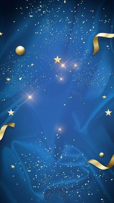 a blue background with gold stars and streamers