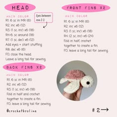 the instructions for crocheted baby turtle hats are shown in pink and white, with text