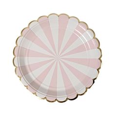 a pink and white striped paper plate with scalloped edges on a white background