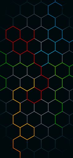 an abstract background consisting of hexagons and lines in red, green, blue, yellow, and orange