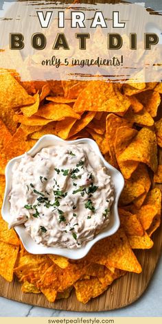 Boat Dip is an easy viral recipe you've got to try! It's five simple ingredients, and makes a tasty snack and perfect dip for any occasion! TikTok recipes go viral for a reason. People see them, try them, and report back. It's nothing fancy, but it's the perfect cold dip for your crispy tortilla chips! If you're looking for a great option for a delicious dip, this recipe will tick all your boxes. Dip Appetizer Recipes, Easy Chip Dip, Boat Dip, Best Chip Dip, Summer Dip Recipes, Easy Tailgate Food, Cold Dip, Cold Dip Recipes