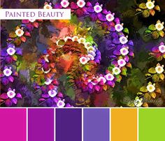 the color palette is very colorful and has many different flowers on it, as well as purple