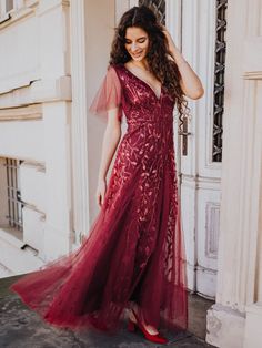 Burgundy Formal Dresses, Evening Dress With Sleeves, Leave Design, Burgundy Formal Dress, Ruffles Sleeves, Burgundy Gown, Evening Gowns With Sleeves, Formal Dresses With Sleeves, Tulle Evening Dress