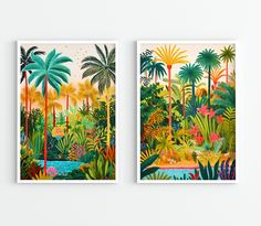 two paintings depicting tropical plants and trees