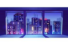 an empty room with cityscape seen through the windows at night, illustration painting