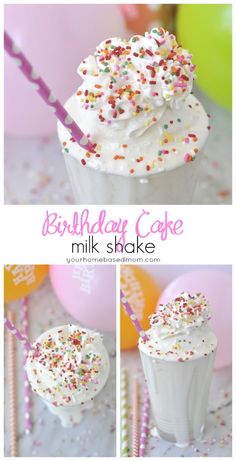 birthday cake milkshake with white frosting and sprinkles