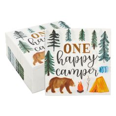 one happy camper paper napkins with bear and tent on the front set of two