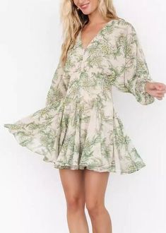 Indulge in elegance in our Chic Green V Neck Print Chiffon Mid Dress Long Sleeve. The delicate print, v-neckline, and mid-length design exudes sophistication. The flowing chiffon and long sleeves add a touch of luxury, making this dress perfect for... Flowy Short Dress, Mid Dress, Semi Casual, Floral Print Chiffon, Chiffon Material, Mid Dresses, Green Print, Dress Long Sleeve, Print Chiffon