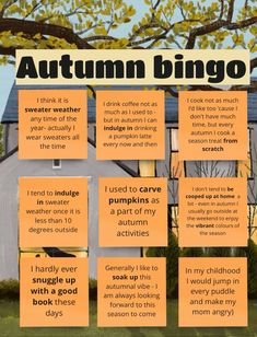 an autumn bingo game is shown with orange sticky notes on the front and back of it