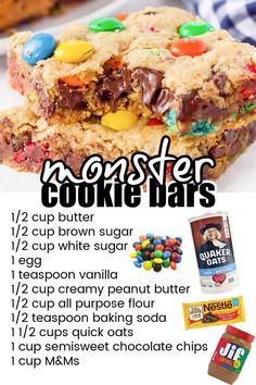 an advertisement for monster cookie bars with instructions