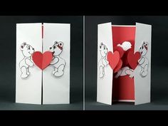 two white cards with red paper cut out of them, one has a bear holding a heart