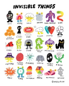 the invisible things poster is shown with different types of monsters and their names on it