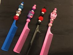 Beaded combs decorated brushes.  Pick  combs or brushes. Hair Chalk Comb, Braided Beads Hairstyles, Bead Hairstyles, Combs And Brushes, Pick Comb, Girly Accessories, Hair Beads, Beaded Jewelry Diy, Beauty Supply