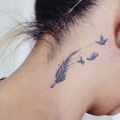 Feather And Stars Tattoo, Collar Bone Arrow Tattoo, Back Of Neck Tattoos For Women Small Meaningful, Tiny Feather Tattoo, Behind Ear Tattoos, Cross Tattoos For Women, Feather Tattoo Design, Small Pretty Tattoos, Neck Tattoo For Guys