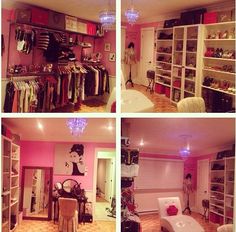 four different pictures of a woman's room with pink walls and clothes on shelves