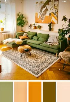 a living room filled with furniture and lots of green color scheme in shades of yellow