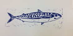 a drawing of a fish in blue ink