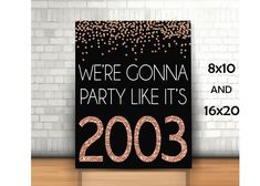 a black and pink party poster with gold confetti on it