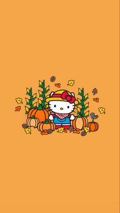 hello kitty sitting on top of pumpkins with autumn leaves around her and an orange background