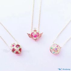 OrcaJump - Sailor Moon Necklace - 18k Gold Plating - 925 Silver - Embellished with Crystals - Available in 3 Captivating Patterns Pink Tarnish-resistant Round Jewelry, Pink Round Pendant Gold Plated Jewelry, Pink Sterling Silver Jewelry, Tarnish Resistant, Pink Gold-plated Round Pendant Jewelry, Pink Gold Plated Round Pendant Jewelry, Sailor Moon Necklace, Sailor Moon Jewelry, Pearl Jewelry Necklace, Ruby Necklace