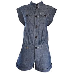 Stylish early 2000s MISSONI blue jean denim one piece romper! Features navy blue buttons up the bodice. Cuffs at each leg opening. Super soft cotton denim. Belt loops around the lower waist--looks great alone or belted. Pockets at each side of the waist, and on the rear. Looks amazing on, and can easily be dressed up or down. Great with flats, sandals, wedges, heels or boots. In great unworn condition. Made in Italy. Approximately Size Medium (fit can accomodate an array of sizes) Measurements: Jean One Piece, Blue Playsuit, Jumpsuit Denim, Bandeau Jumpsuit, Givenchy Couture, Stretch Jumpsuit, Blue Denim Dress, Blue Jumpsuit, Vintage Suits