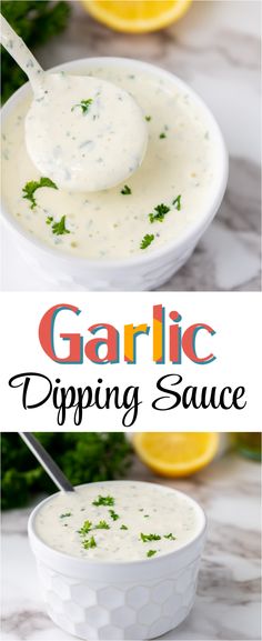 garlic dipping sauce in a white bowl with lemons and parsley