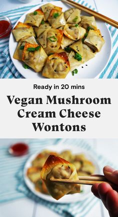 vegan mushroom cream cheese wontons on a plate with chopsticks