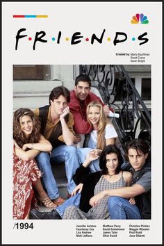 friends movie poster with four people sitting on the steps and one person leaning up against the railing