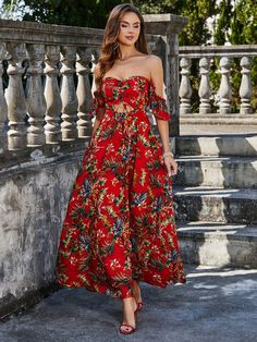 1pc Women's Elegant Floral Print Off Shoulder Backless Dress, Summer Red Party  Short Sleeve Woven Fabric Floral,All Over Print A Line Non-Stretch  Weddings & Events, size features are:Bust: ,Length: ,Sleeve Length: Elegant Backless Dress, Red Floral Maxi Dress, Womens Cocktail Dresses, Estilo Hip Hop, Spring Summer Dress, Floral Dresses, Summer Floral, Shoulder Design, Elegant Floral