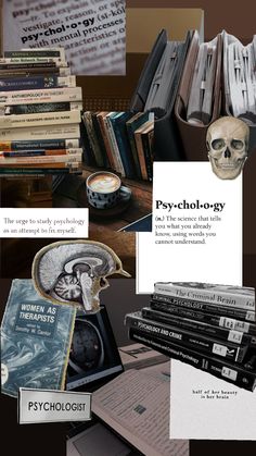 a collage of books, papers and skulls on a table with the words psychholism written above them