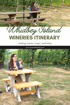 two women sitting at a picnic table in the middle of an orchard with text overlay that reads, whitley island wineries's itinerary tasting