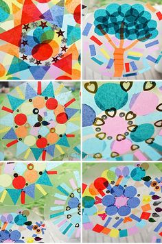 four different pictures of colorful paper plates with flowers and hearts on them, one is made out of construction paper