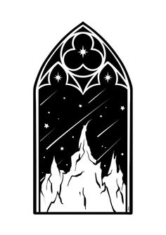 a black and white drawing of a church window with mountains in the background at night