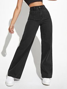 Preto  Collar  Jeans Simples Perna reta Embellished Não elástico  Jeans para Mulheres High Wasted Jeans Outfit, Straight Jeans Outfit, Straight Leg Jeans Outfits, High Wasted Jeans, Denim Jeans Fashion, Black Jeans Outfit, Trendy Jeans, Moda Jeans, Cute Pants