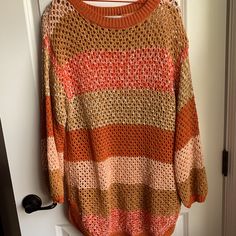 New Without Tags Free People/ Fp Beach Sweater Size Xs. Can Be Worn As A Lighter Sweater With A Tank Top Underneath Or As A Swimsuit Cover Up! Beige Casual Sweater For Beach, Casual Beige Beach Sweater, Trendy Beige Sweater For The Beach, Trendy Beige Beach Sweater, Beige Crew Neck Sweater For Beach, Casual Fall Sweater For Vacation, Casual Multicolor Beach Sweater, Casual Orange Summer Sweater, Multicolor Fall Beach Sweater