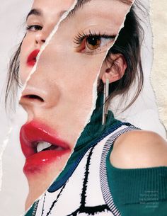 a woman's face is shown through torn paper with red lipstick on her lips