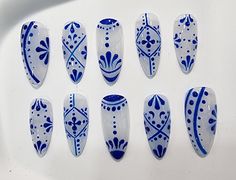 Discover the timeless charm of our Simple Elegant Press-On Nails, featuring a handmade Porcelain Talavera Blue Tiles design. These nails exude a classic yet modern vibe, perfect for those who appreciate understated elegance. Ideal for both casual outings and formal events, they offer a sophisticated touch to any look, embodying luxury in every detail.📦 What comes with your press on nail kit? 10 nails of your size 24 adhesive tabs 1 nail file 1 cuticle stick Instructions on how to apply and remo Oval Acrylic Nails, China Nails, Blue Nail Designs, Tiles Design, Handmade Porcelain, Acrylic Nail Art, Blue Tiles, Luxury Nails, Beauty Nail