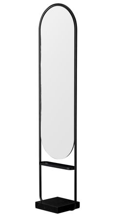 a black stand with a large mirror on it's top and an oval mirror in the middle