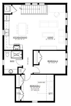 the floor plan for a two bedroom, one bathroom apartment with an attached kitchen and living room