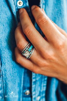 This set of Antler Rings is the ultimate set any bride looking to for a unique, rustic, and eye catching ring. Since each ring is separate, this allows the bride to choose which rings she would like to wear on a daily basis and mix and match for a variety of styles. Wedding Rings Western, Western Wedding Rings Sets, Antler Rings Women, Rings Western, Western Engagement Rings, Antler Rings, Western Wedding Rings, Turquoise Wedding Rings, Country Western Wedding